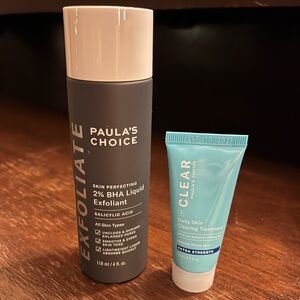 Paula’s Choice 2% BHA Exfoliant and mini 5% Benzoyl Peroxide treatment (combo)